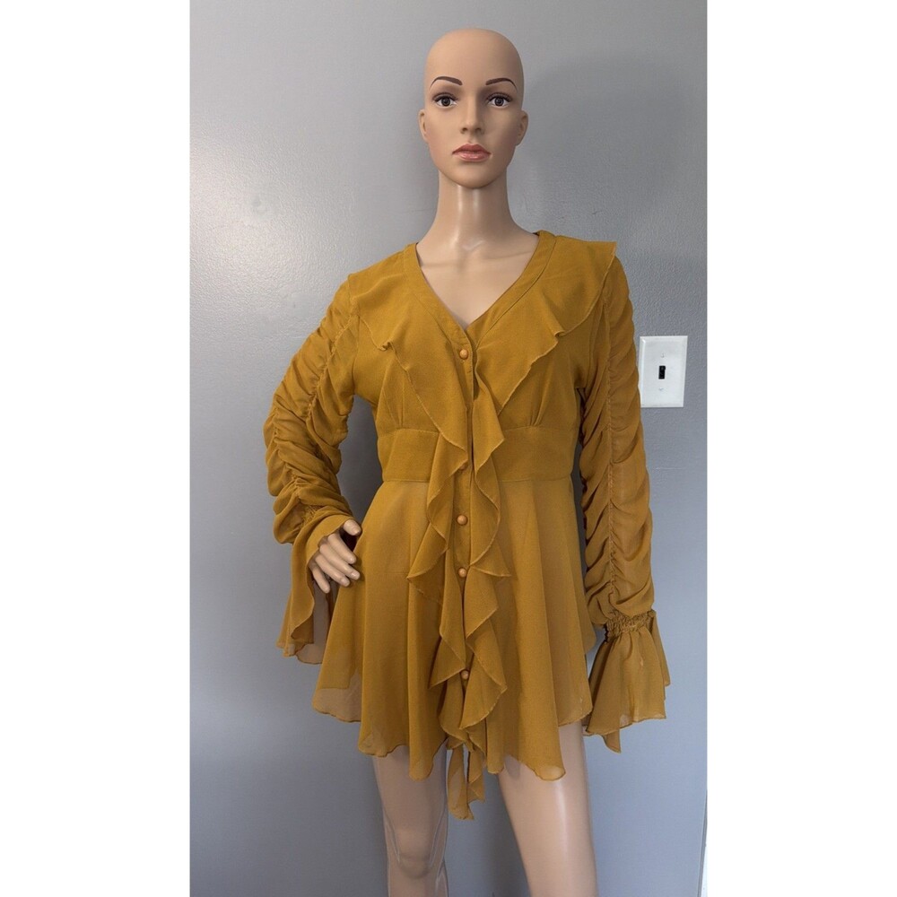 Ashro Women’s Sz 8 Orange Long Sleeve Ruffled Blouse Ruched Sleeves V Neck Top